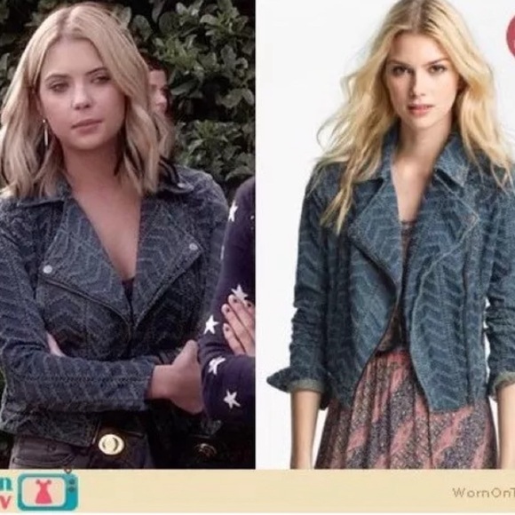 Free People Punched Denim Moto Herringbone Blue Jean Jacket Size 6 - Picture 12 of 16